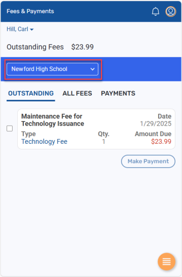 Fees & Payments screen with school highlighted